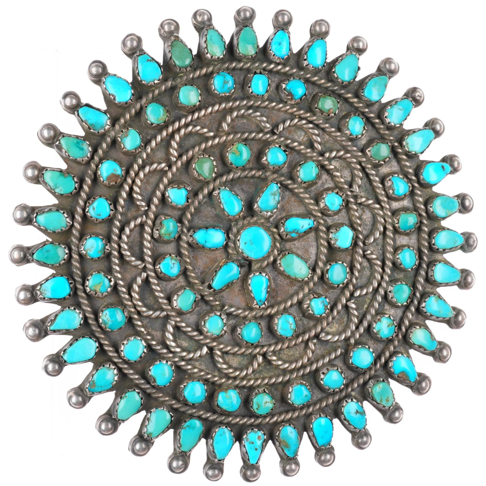 Large 30\'so-40\'s Zuni turquoise cluster petit point sterling silver pin/brooch