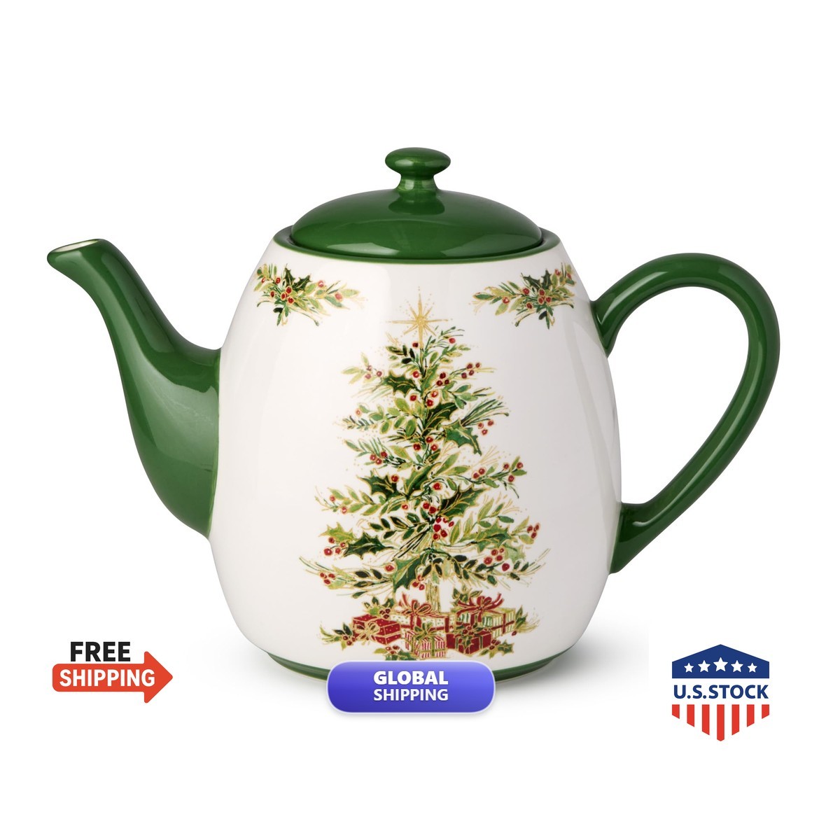 Certified International Holly Tree Christmas Teapot - 36oz Ceramic Classic Tree