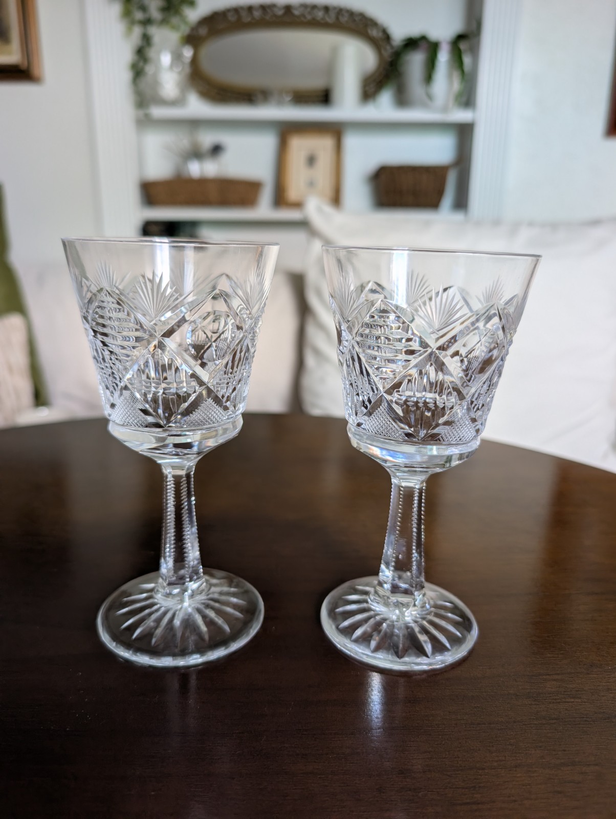 Antique ABP Cut Crystal Wine Goblets Crosscut Diamond Fan Zipper Stems Set of 2