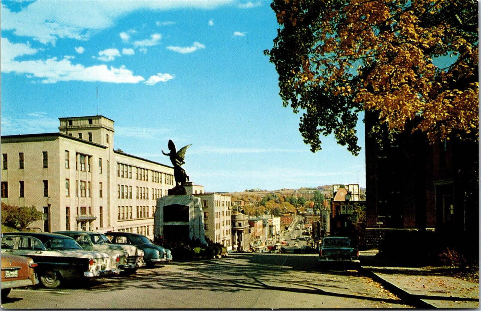 Vtg Sherbrooke Quebec Canada King Street West Statue Old Car 1950s View Postcard