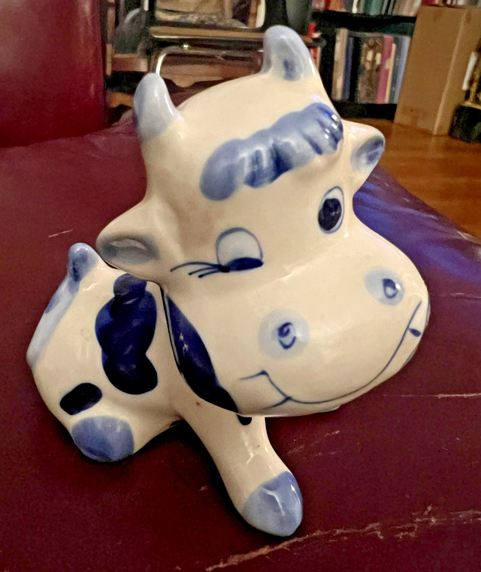 Vintage Little HandPainted Ceramic Cow Figurine Blue & White
