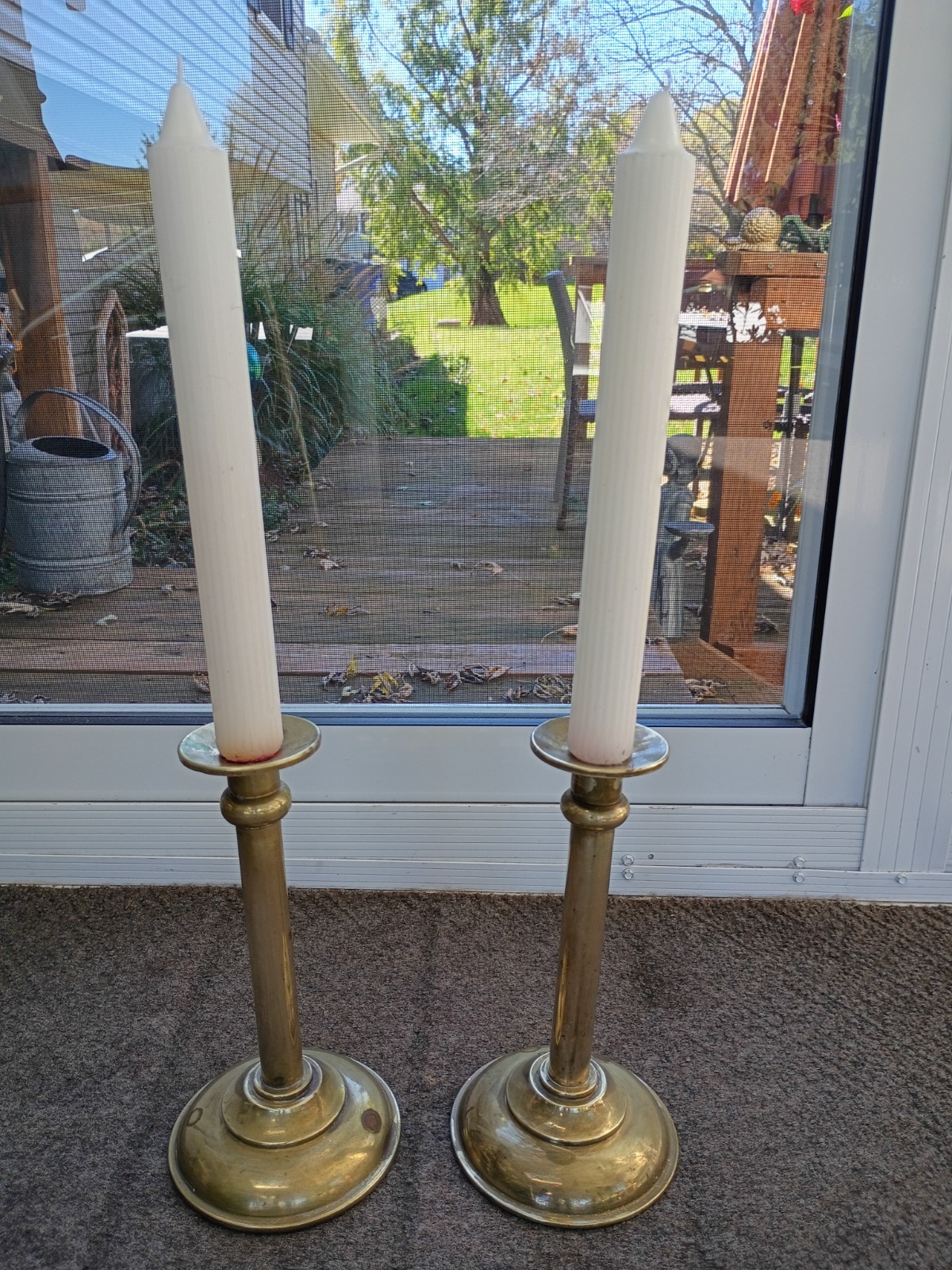 Vtg Pair Brass Altar Candleholders & White Candles