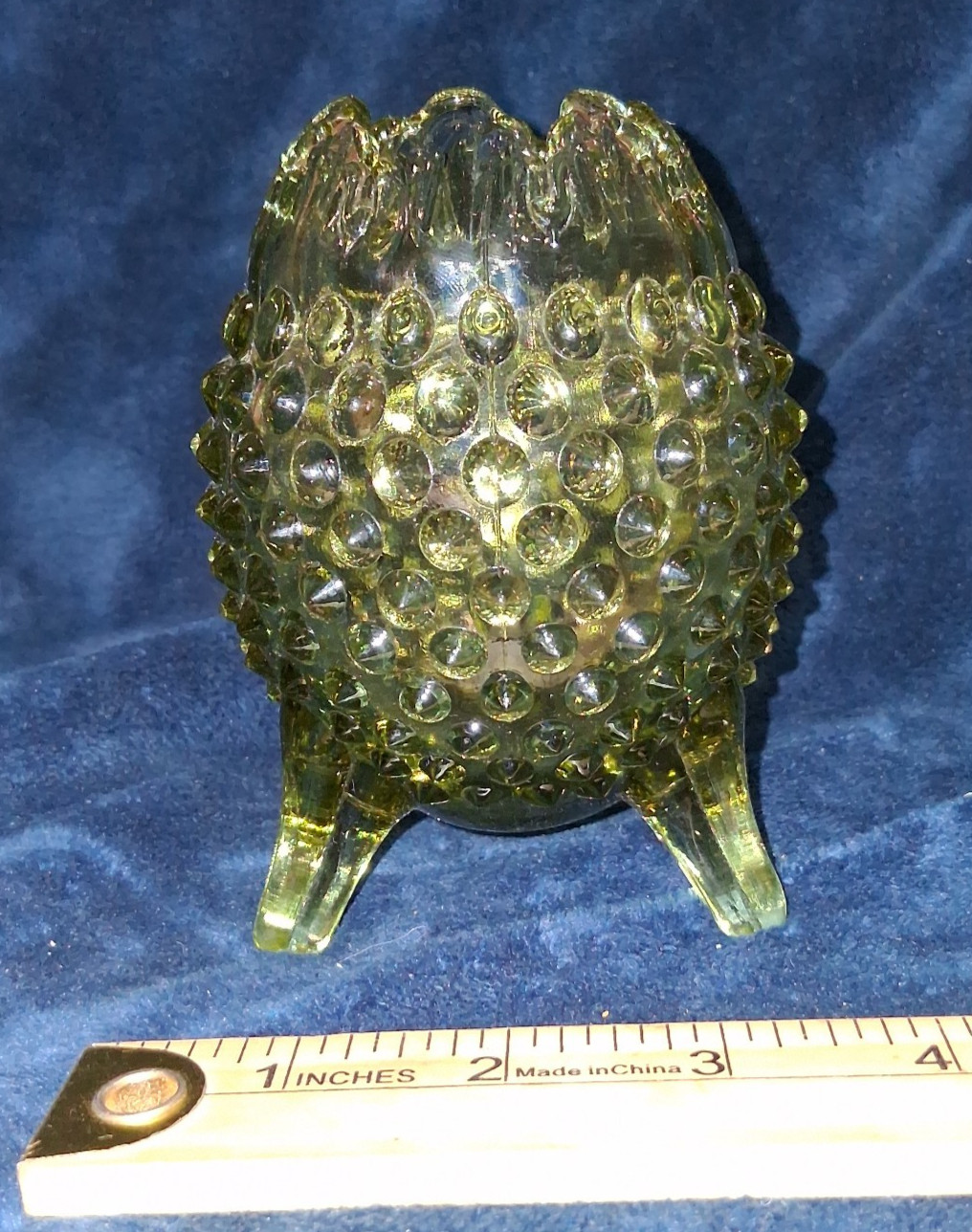 Vtg Fenton Art Glass Vaseline Green Hobnail Footed Toothpick Holder / Rose Bowl