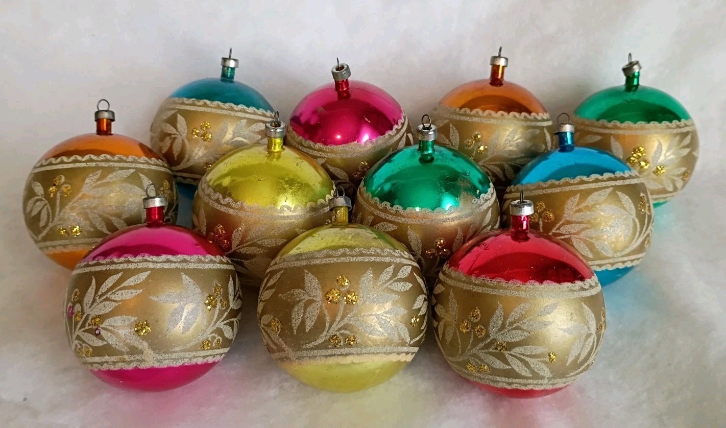 11 Vintage Italian Unbreakable Christmas Ornaments Hand Decorated Glitter Mica