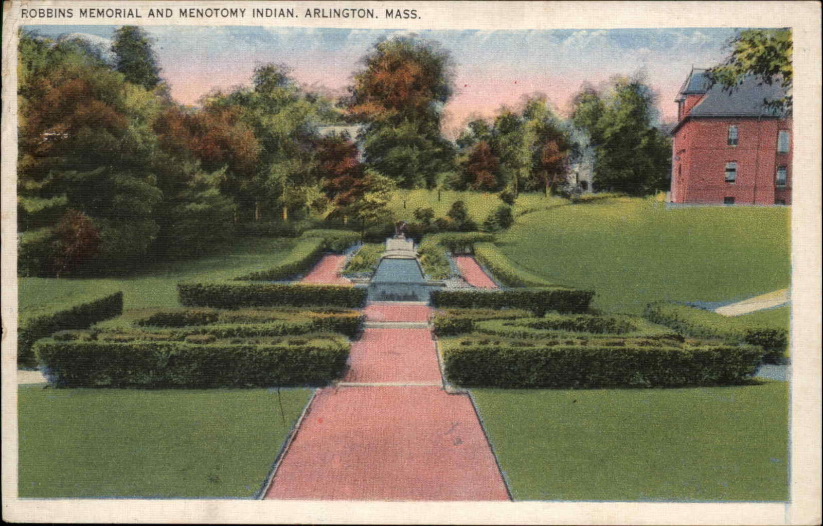 Arlington Massachusetts MA Robbins Memorial Menotomy Indian c1920s-30s Postcard
