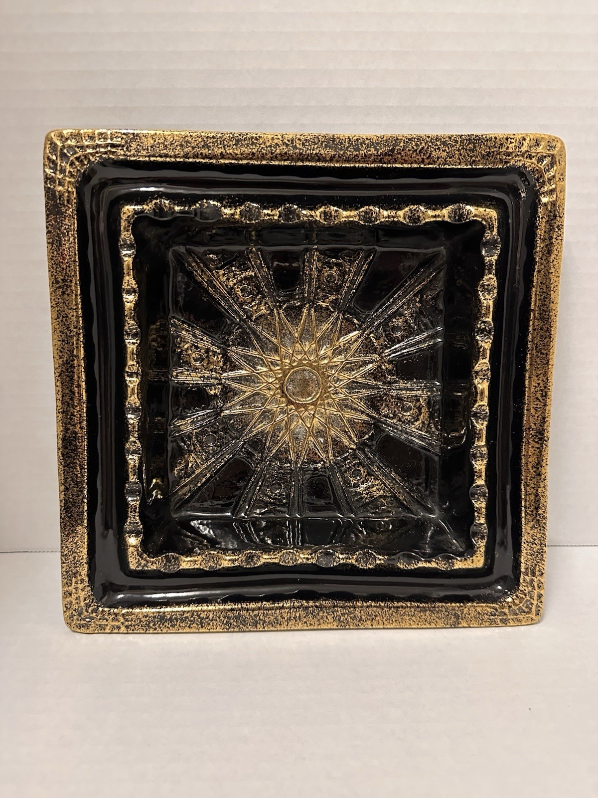 Vintage MCM Stangl Pottery Gold Cream Aqua Square Ashtray Dish Hollywood Regency