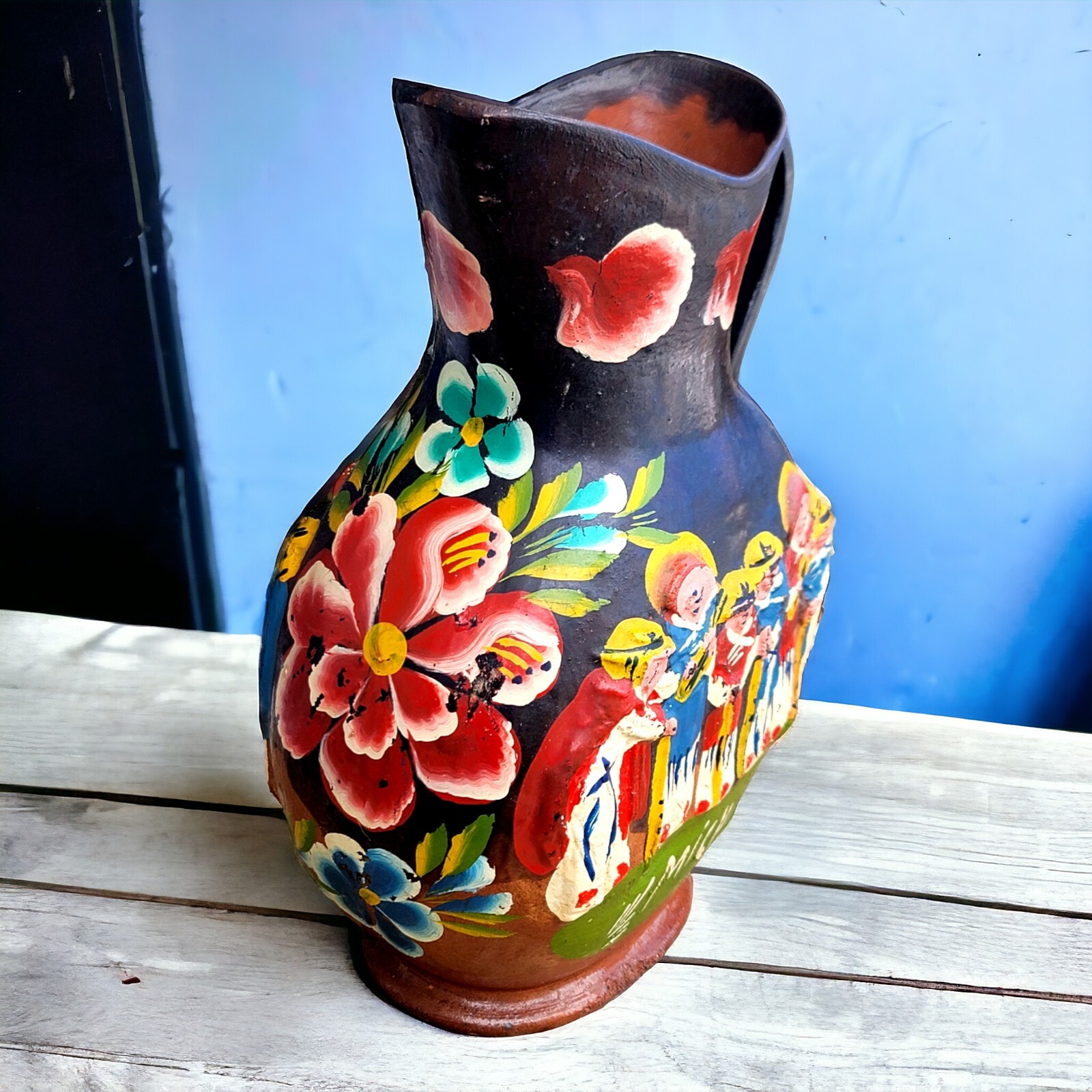 Vintage Mexican Terracotta Pottery Pitcher Vase Folk Art Hand Painted Vintage Mexican Terracotta Pottery Pitcher Vase Folk Art Hand Painted