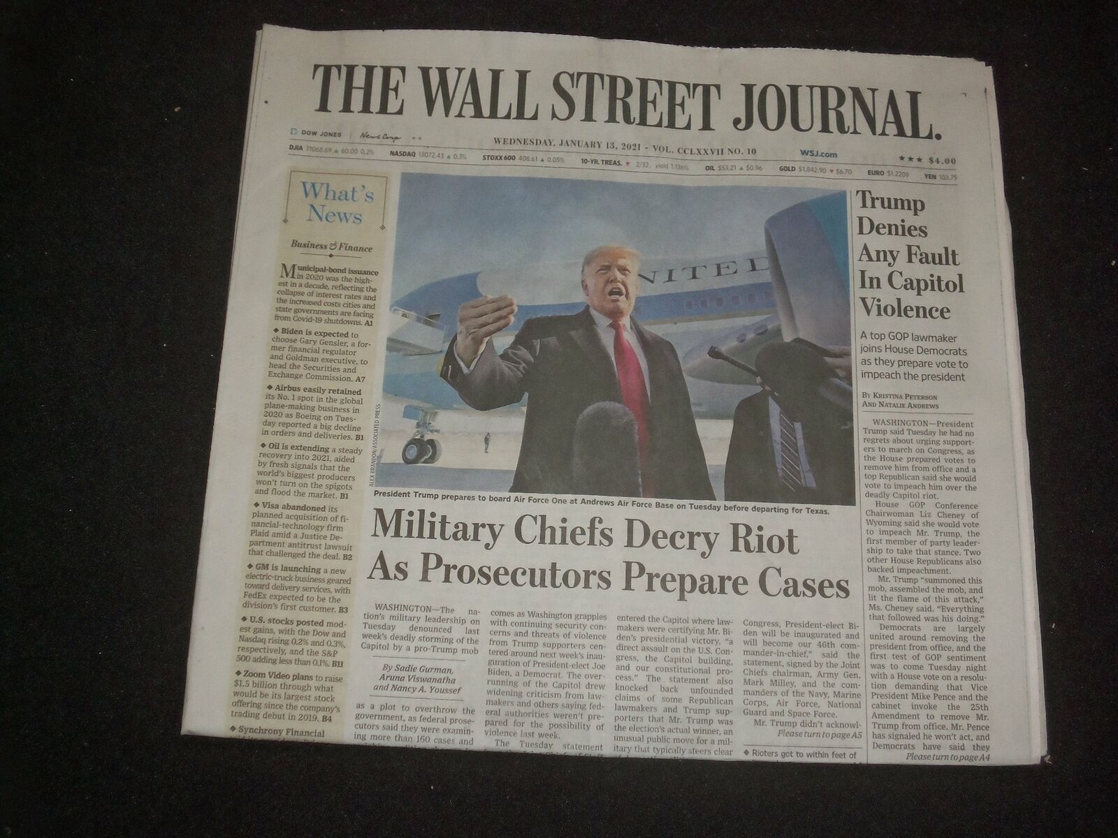 2021 JANUARY 13 THE WALL STREET JOURNAL - TRUMP DENIES FAULT IN CAPITOL VIOLENCE