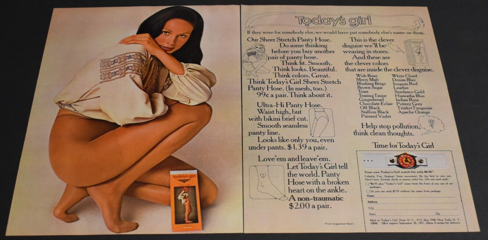 1971 Print Ad Sexy Fashion Long Legs Lady Brunette Today's Girl Pantyhose 2pgs T
