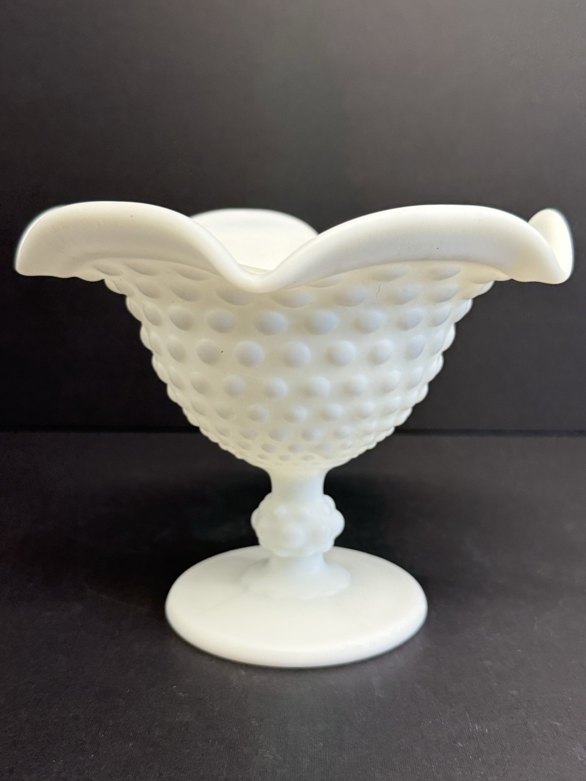 Imperial Hobnail Milk Glass Frosted Footed Flared Crimped Bon Bon Compote