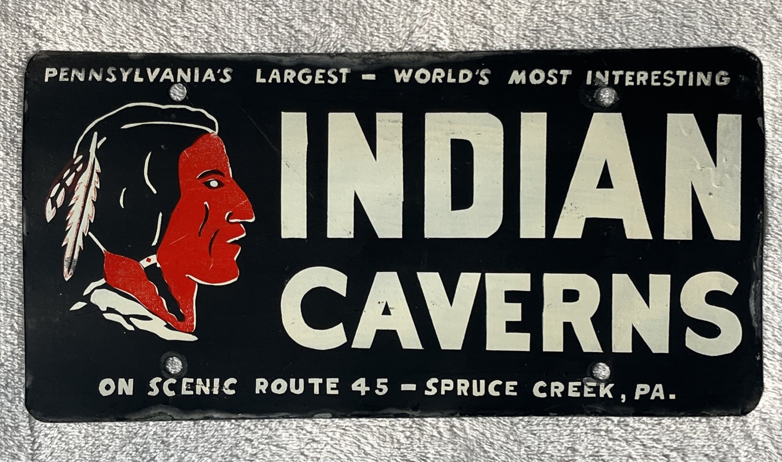 Vintage 1950’s Indian Caverns License Plate Spruce Creek Pennsylvania