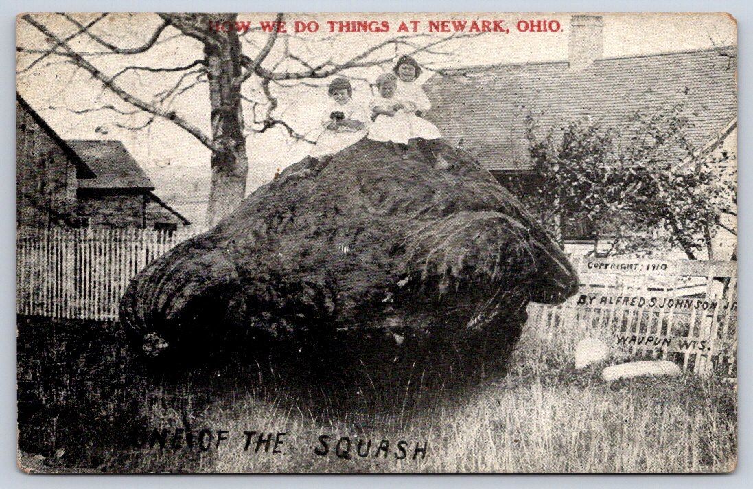 Vintage Ohio Postcard NEWARK Giant Squash Children Wagon WI 1919 Rppc