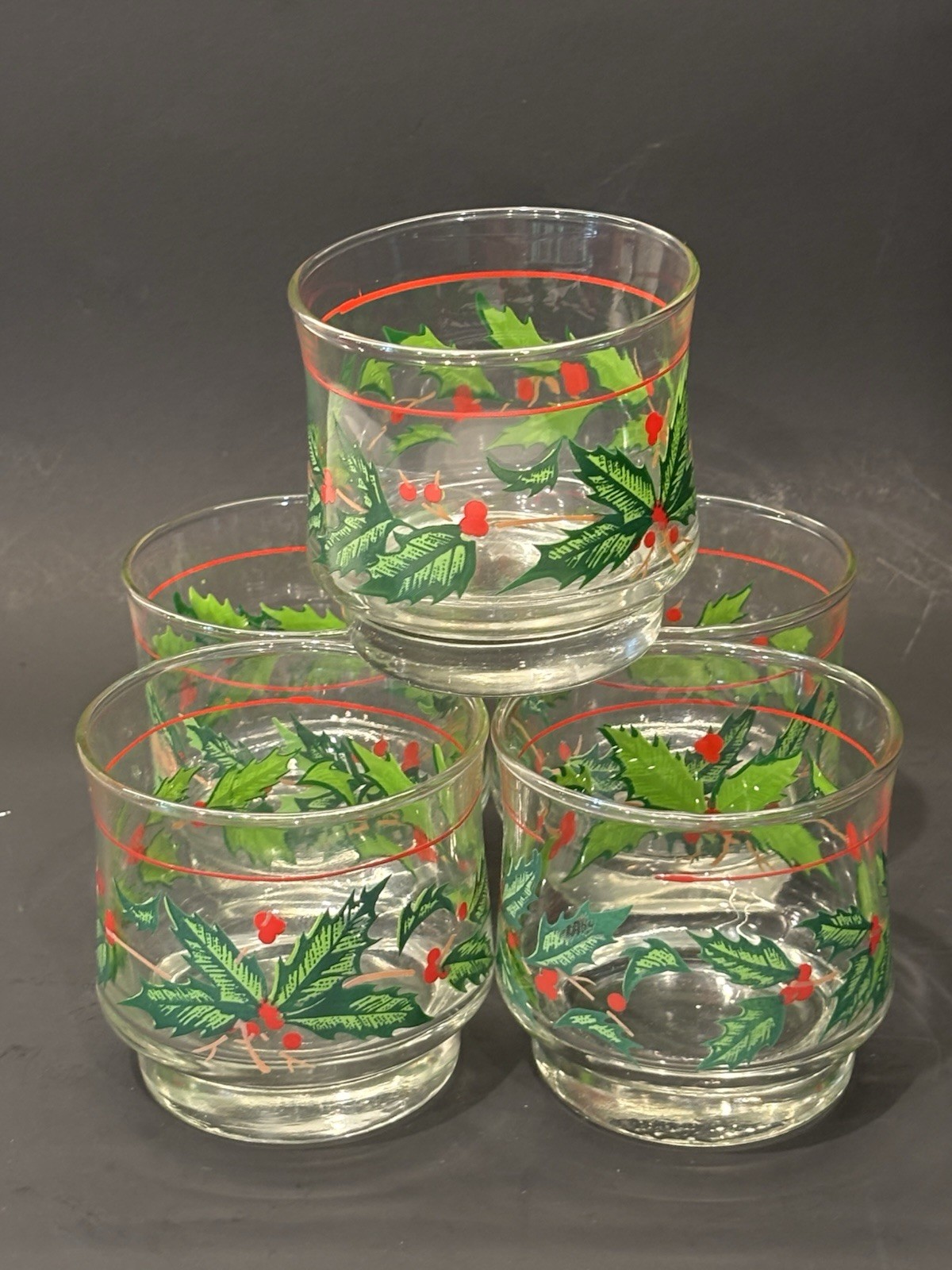 Vintage Holly Berry Christmas Holiday Old Fashion Lowball Glasses Set Of 5