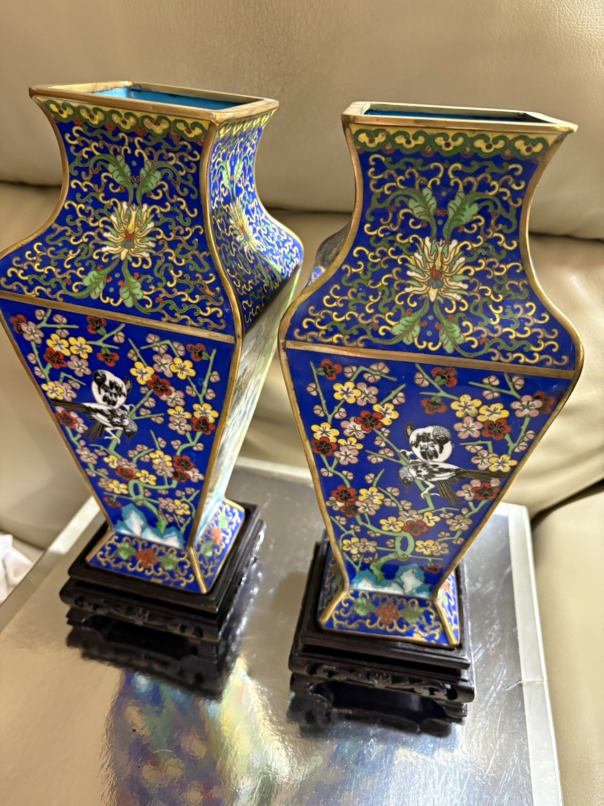 Pair Vintage Chinese Cloisonne Enamel Vases Square Heavy Brass Crane Pine Stands