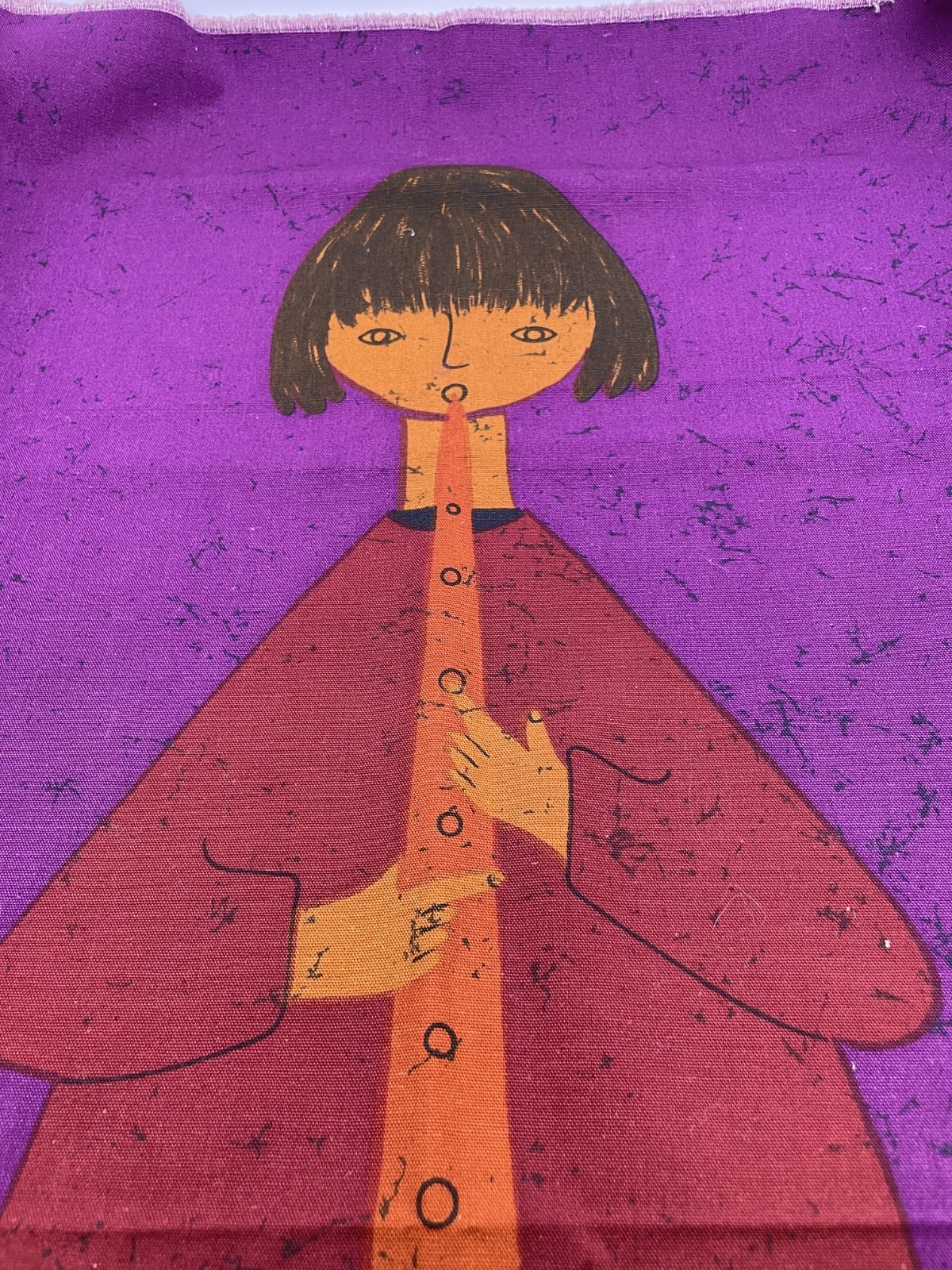 RARE MCM German Fabric Wall Hanging Signed Traute Sänger  - Girl Playing Flute