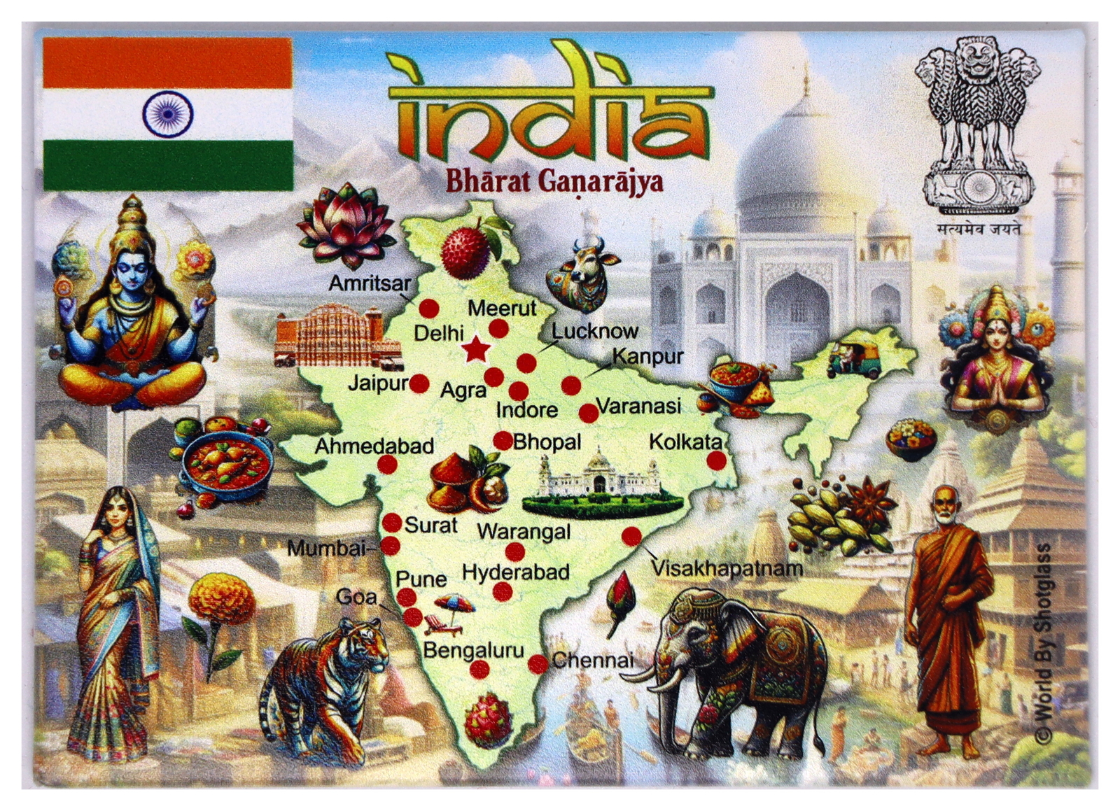 India Graphic Map and Attractions Souvenir Fridge Magnet 2.5\