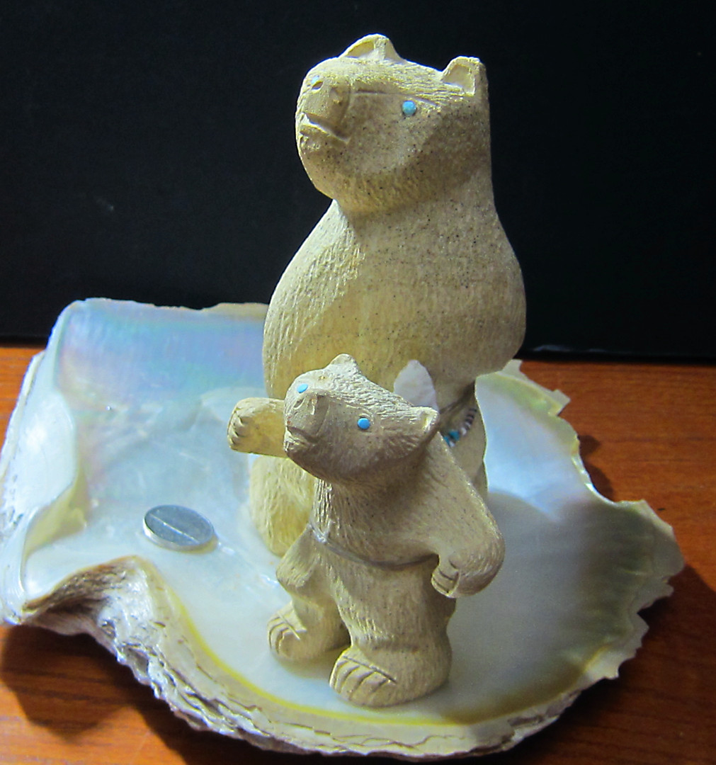 Rare Large Zuni Fetish Carving Mama Bear & Cub by D. Westika