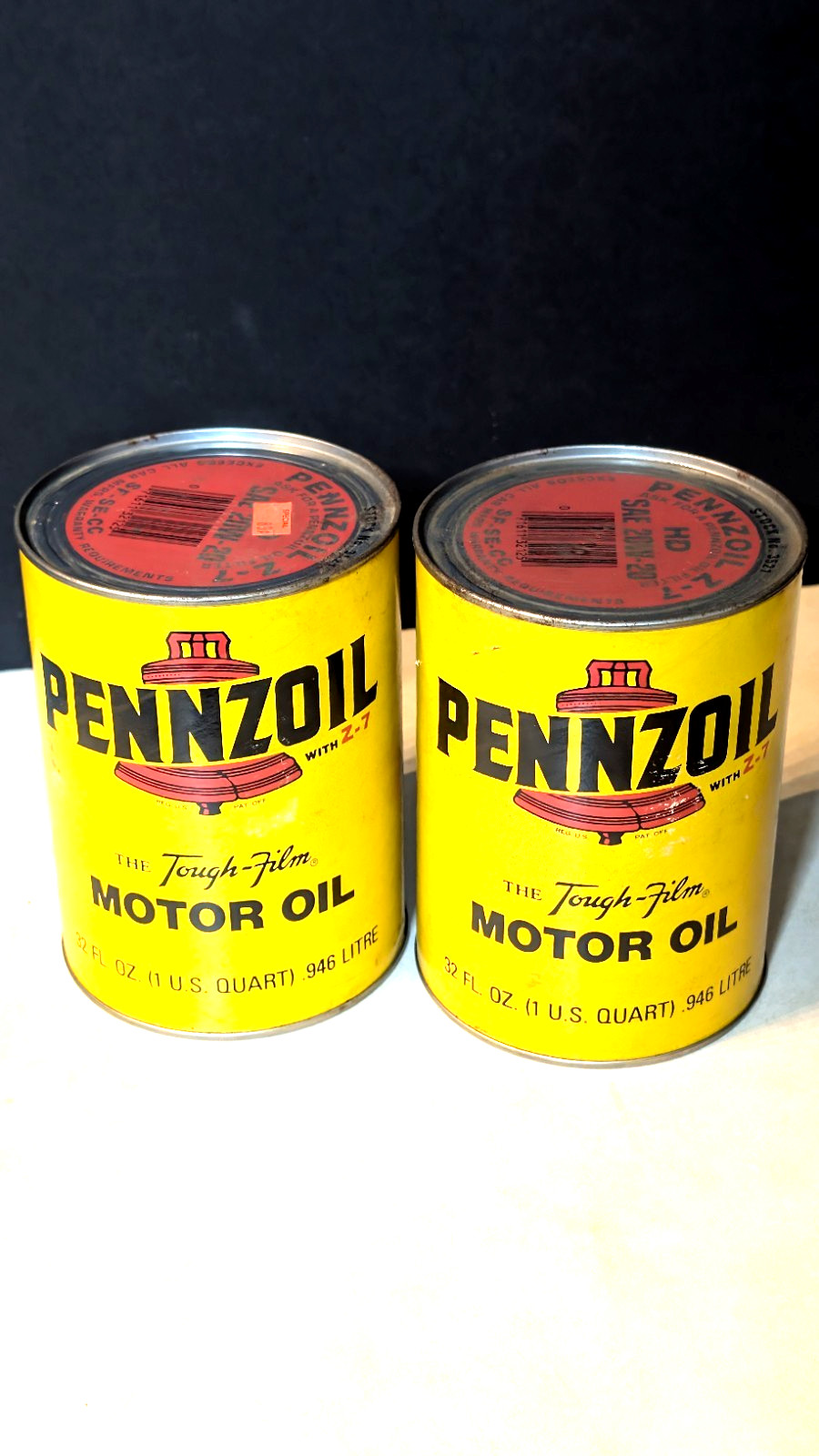 Lot 2 Vintage Pennzoil Z-7 Motor Oil Cans SAE 20W-20 Garage Racing Era Full NOS