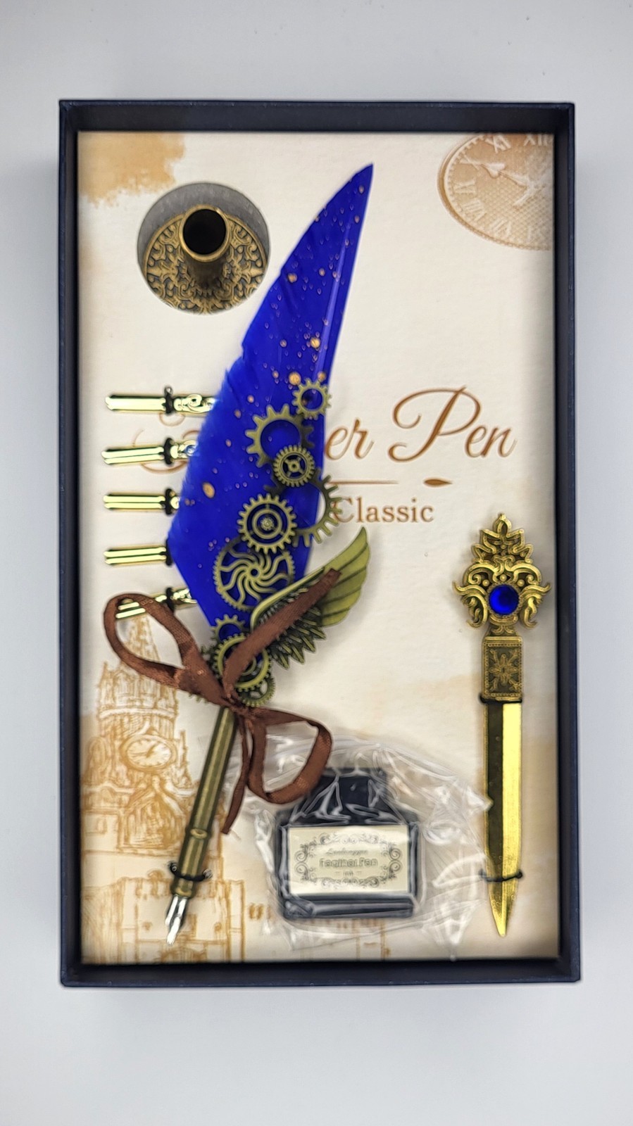 Vintage Steampunk Inspired Blue Feather Brass Quill Dip Pen Set  Calligraphy