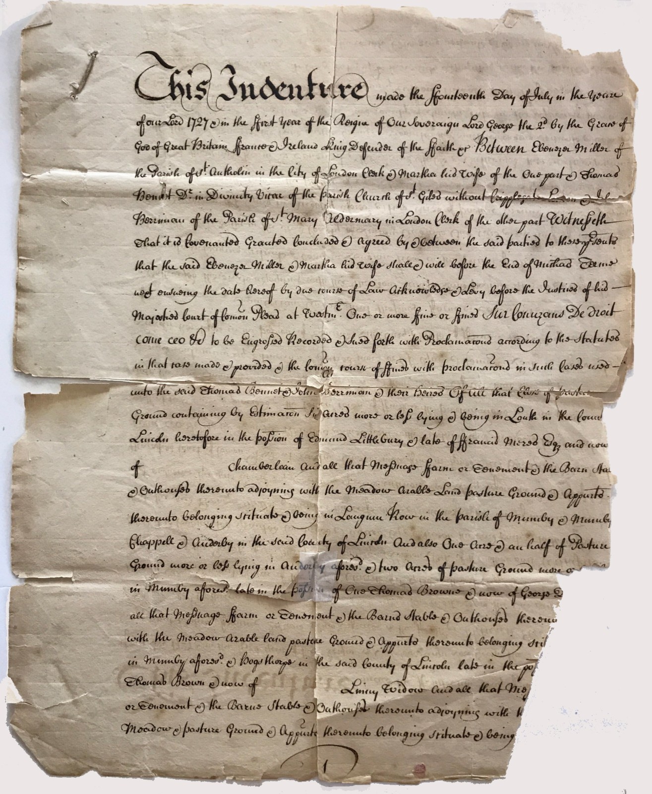 1727 London England  Land Indenture Document ; Baron John Fortesque Aland