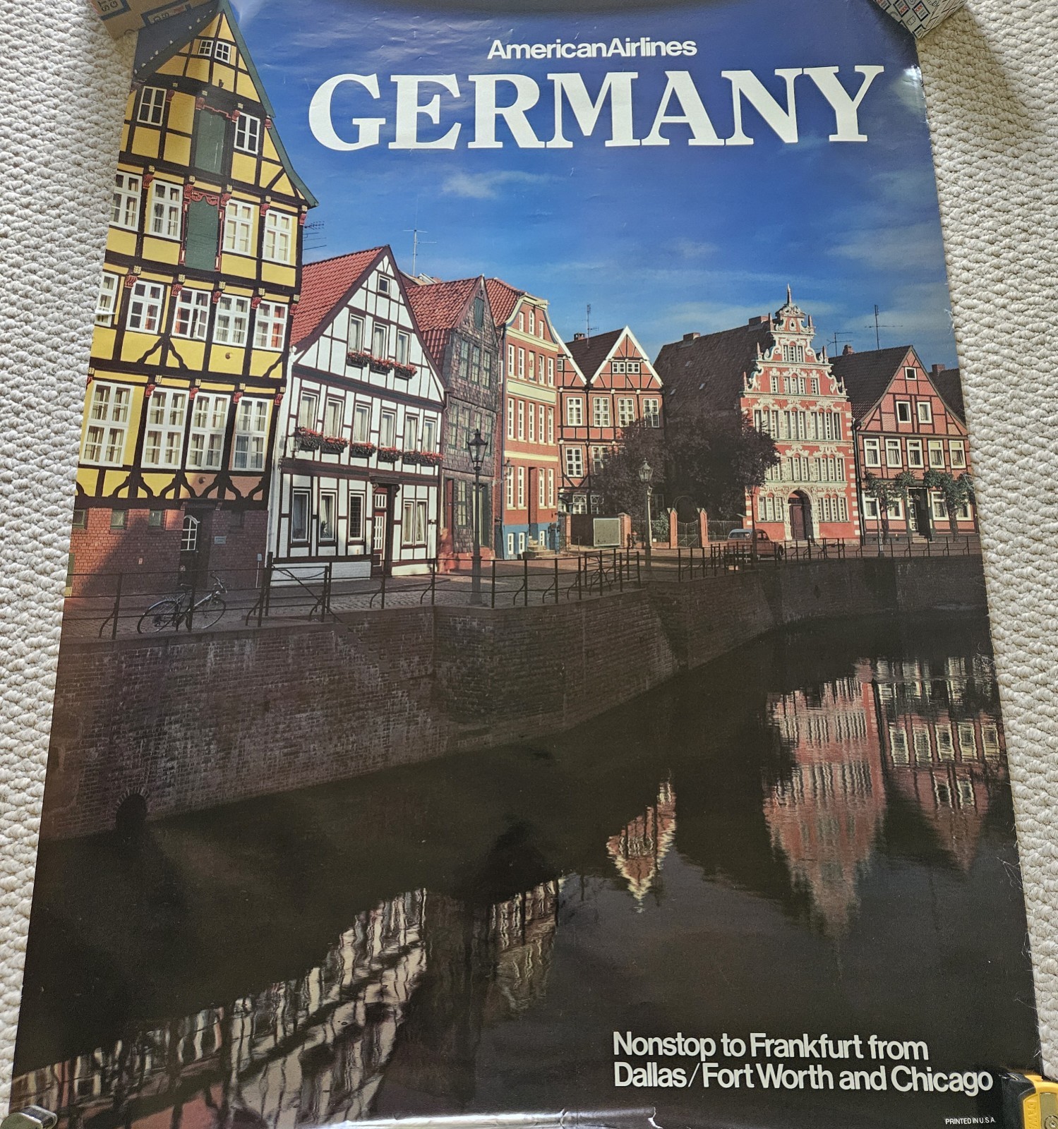 1980\'s American Airlines Germany Travel Poster Frankfurt From Dallas Fort Worth