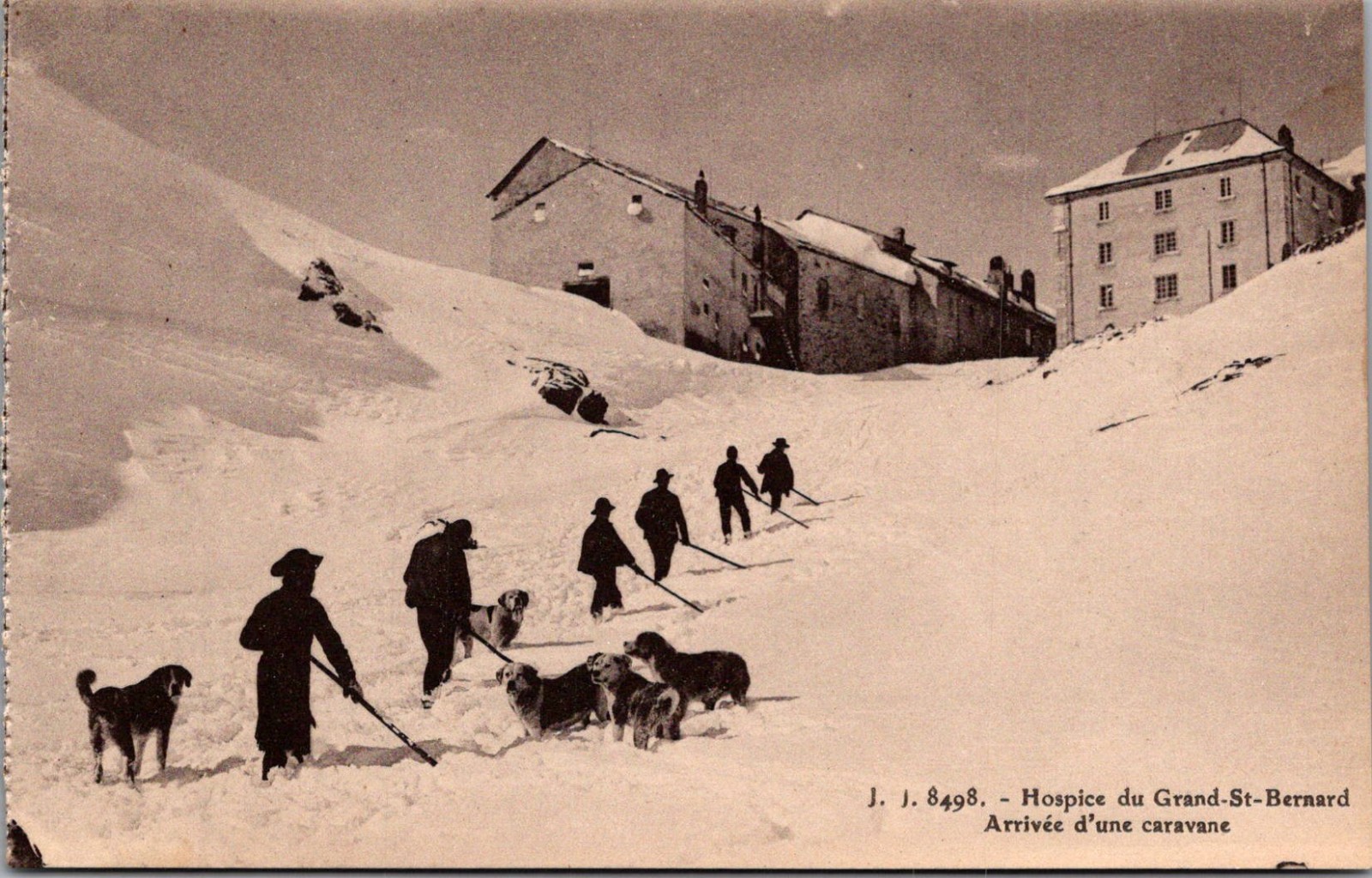 Vintage Grand St Bernard Hospice Switzerland Dogs Snow Caravan Alpine Postcard
