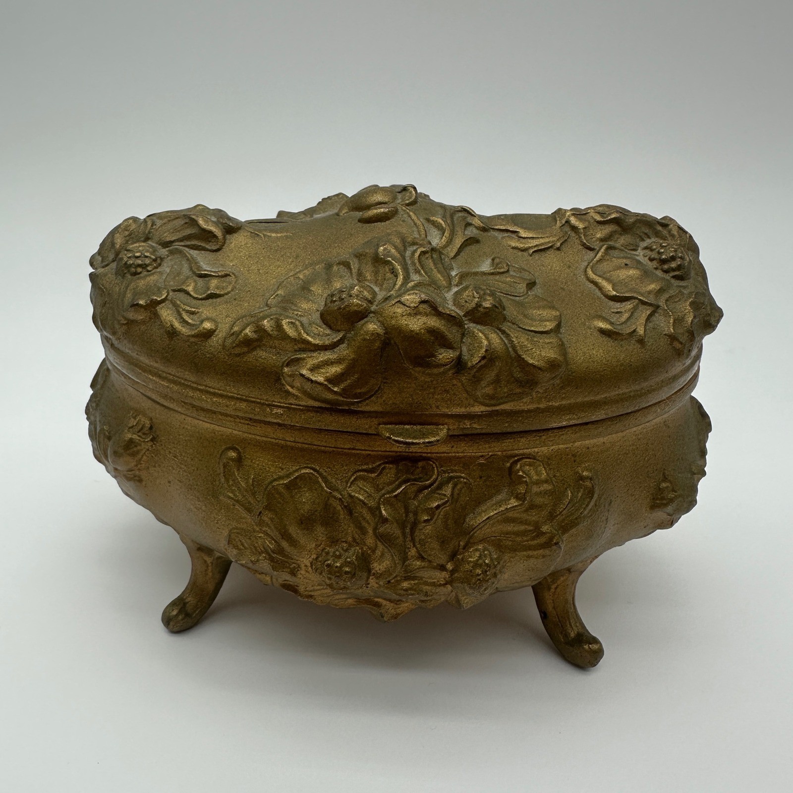 ANTQ Art Nouveau Jewelry Casket Footed Spelter Pot Metal Box Rose Relief Lined