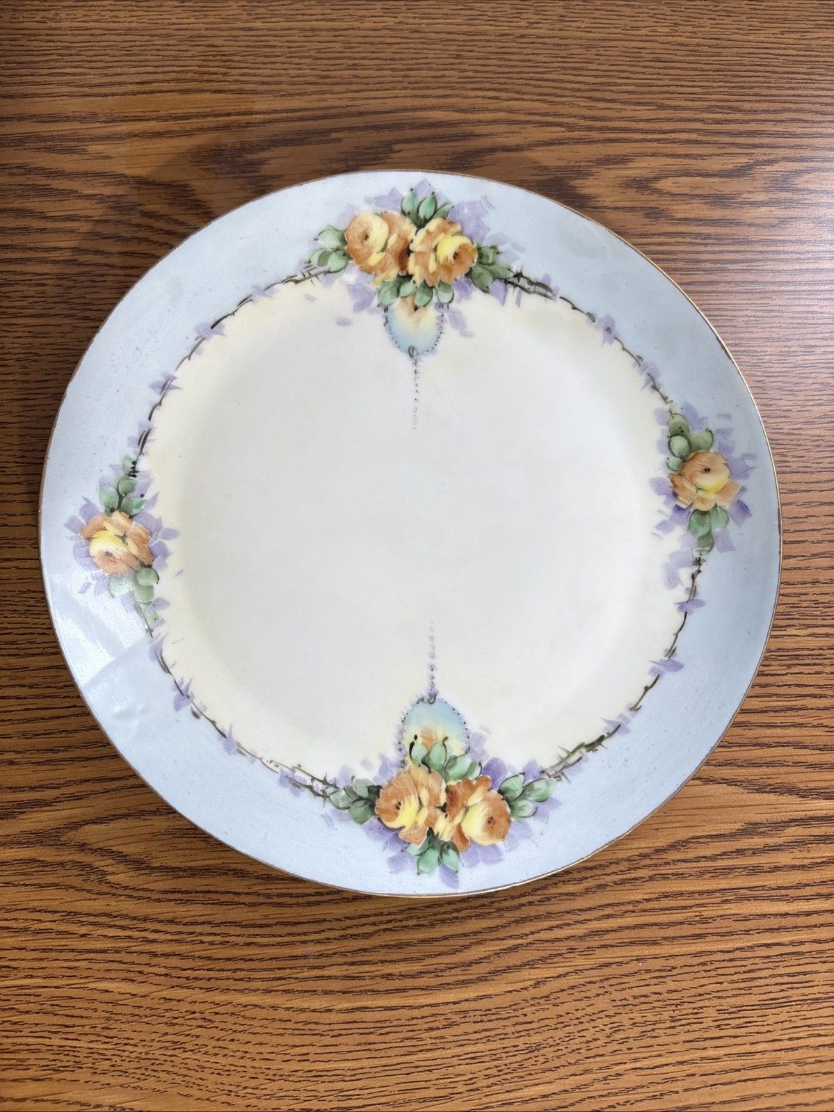 Antique Bavaria Plate By Hutschenreuther Early 20th Century Yellow Rose Blue Rim