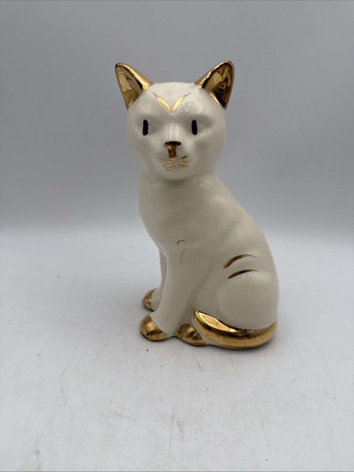 White Porcelain Sitting Cat Figurine with Bright Gold Accents Vintage MCM Decor