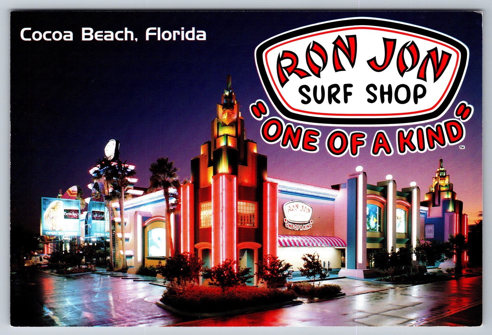 Postcard Ron Jon Surf Shop Night Exterior Lighting Cocoa Beach Florida FL