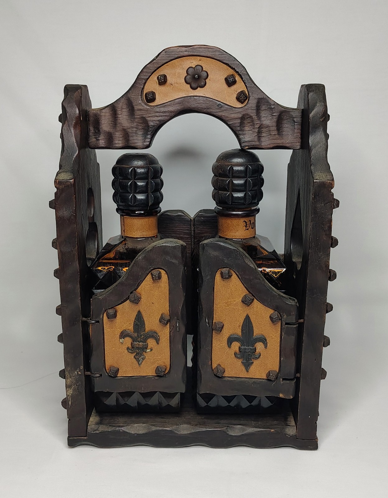 Vintage Decanter Set Amber Glass Bottles Handcrafted Wooden Caddy