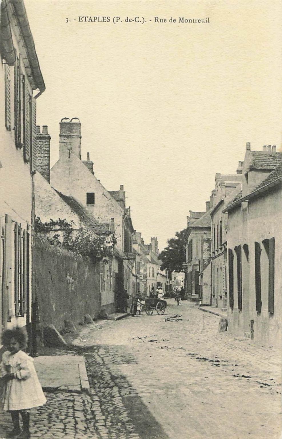 Etaples, France - Rue de Montreuil Cobblestone Street RPPC Postcard c1910