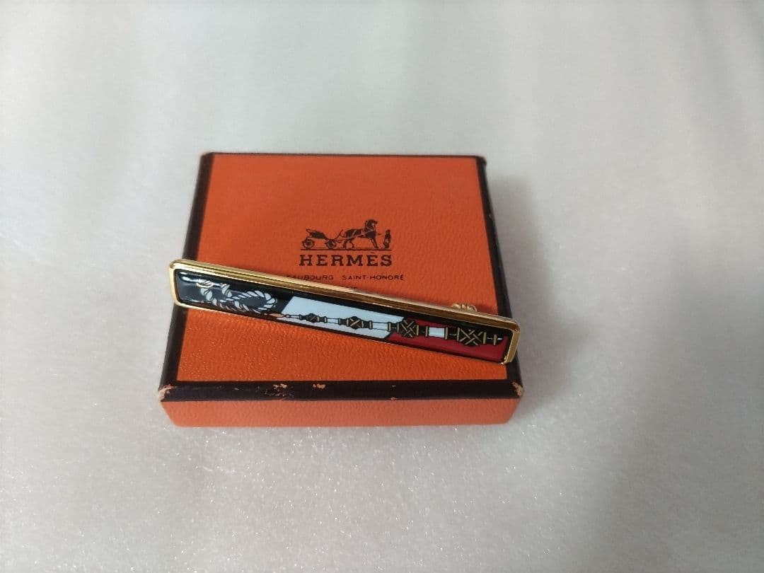 Hermes Enamel Cloisonne Pin Brooch Rectangular Long Unused Box