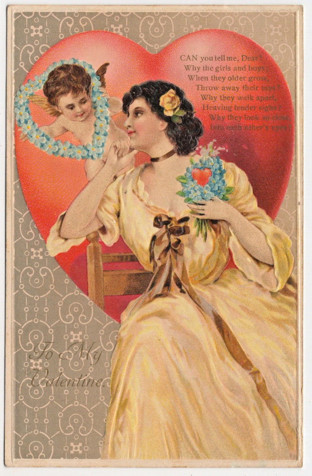 Valentine Vintage Postcard Pretty Woman Cherub Cupid Flower Heart Bouquet