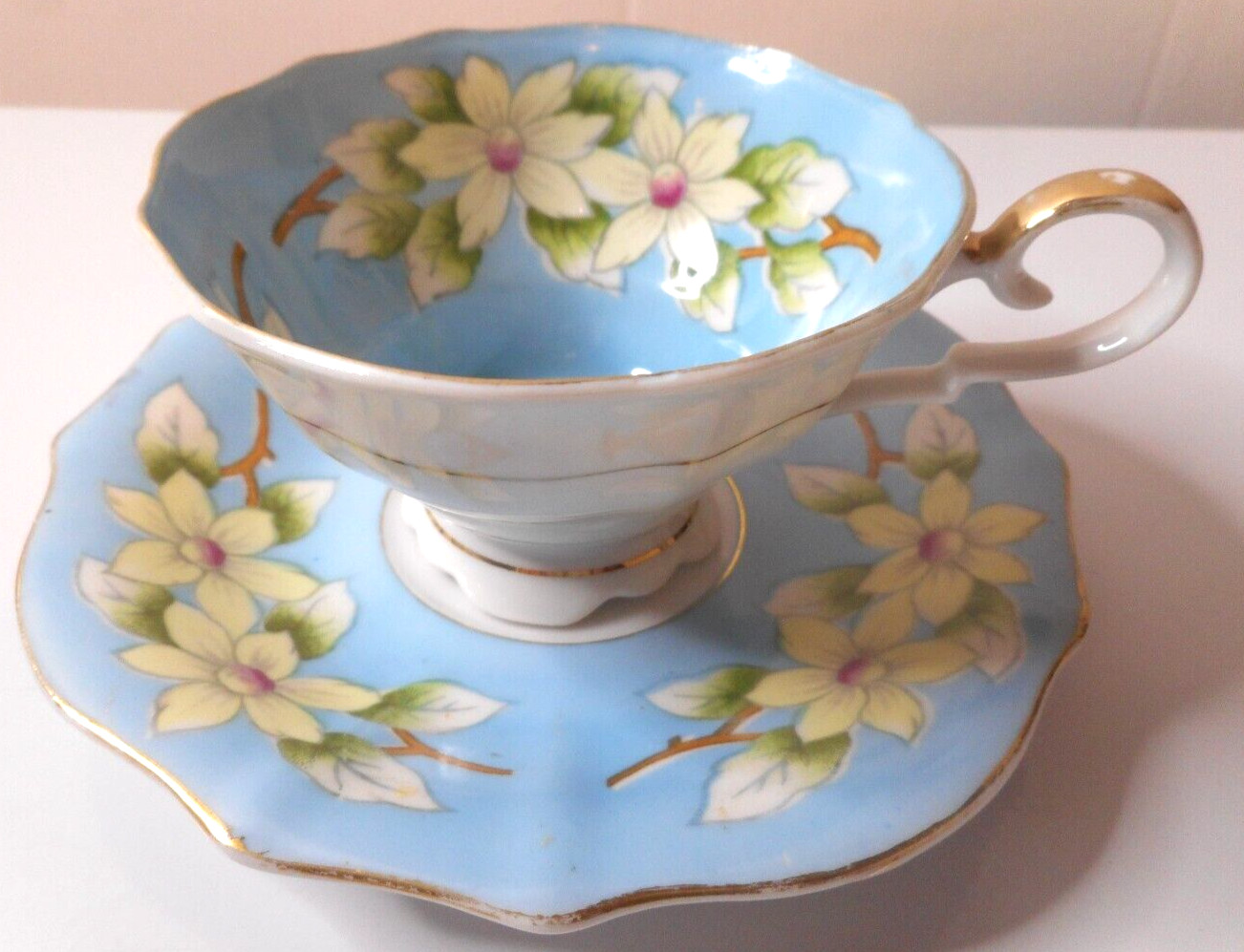 Royal Stafford Dogwood Hand Painted Aqua Blue Bone China Teacup and Saucer Set