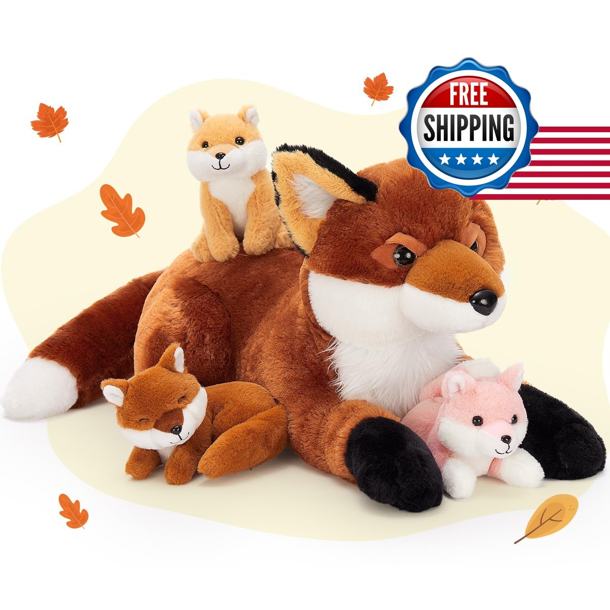 BENINY 4Pcs Fox Set, Mommy Red Fox Plush 22in with 3 Baby Foxes