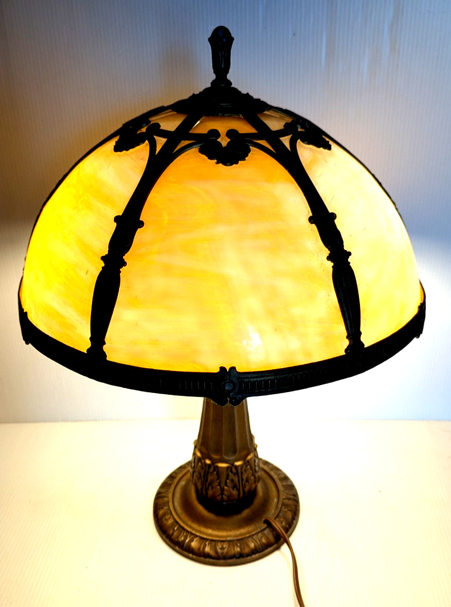 Antique E Miller & Co Gold Slag Glass Table Lamp Metal Base 2 Bulbs Chain Pull