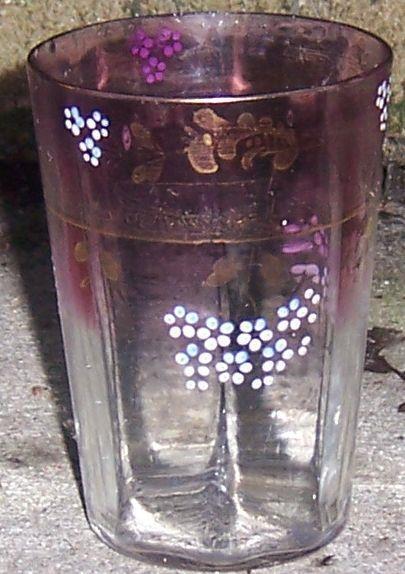 Clear to Purple Tumbler Handpainted Flowers Gold Band Victorian Glass Tableware