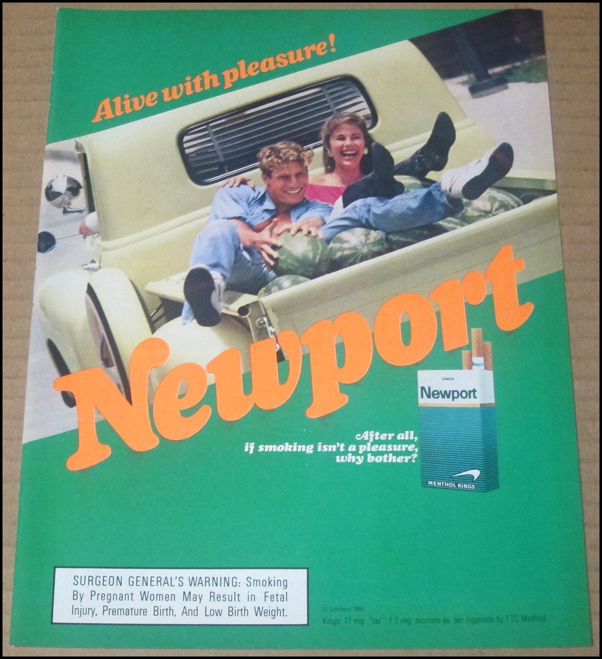 1991 Newport Cigarettes Print Ad Advertisement Alive With Pleasure Menthol VTG
