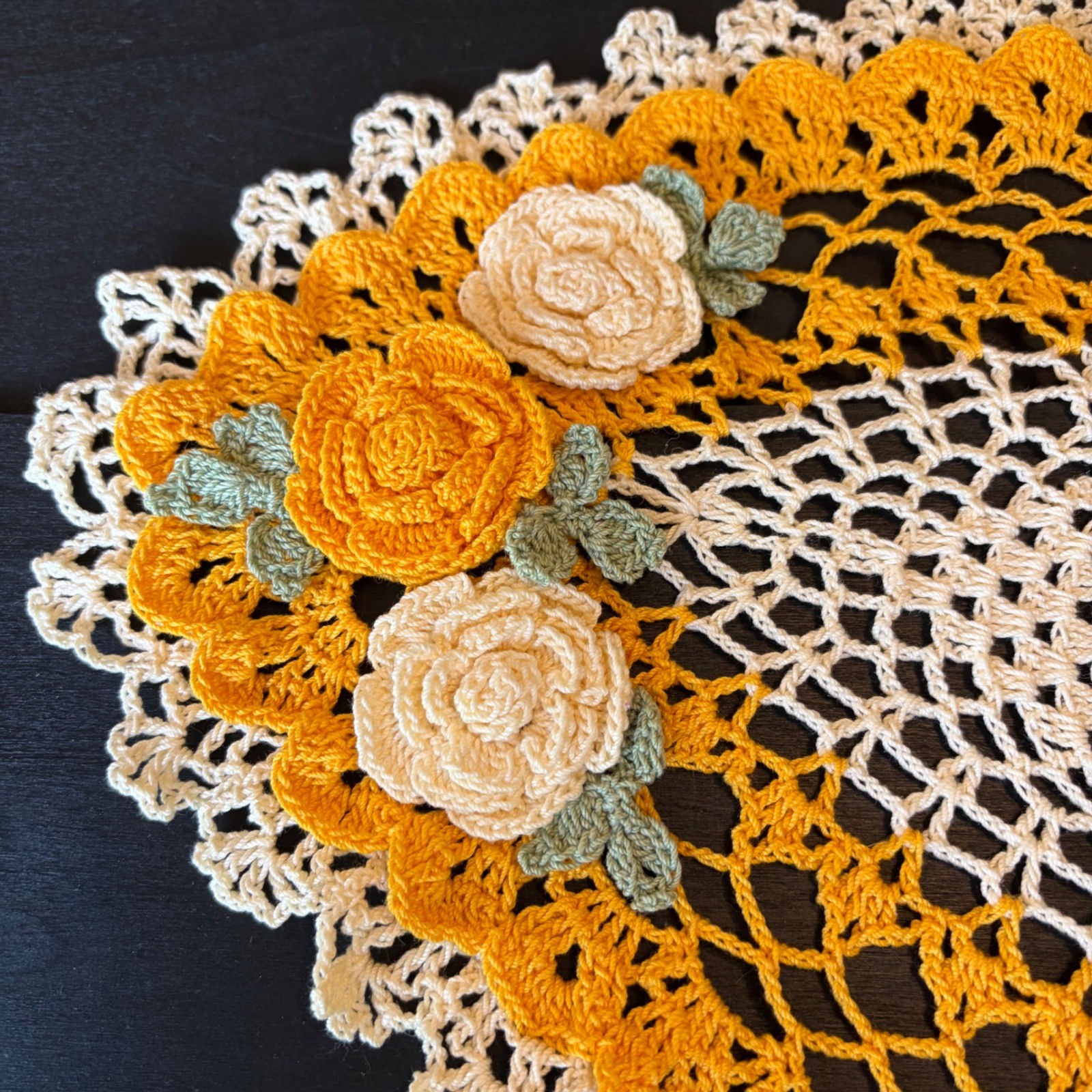 Vintage Oval Crochet Doily Yellow Cream 3D Roses Lace Table Topper 13.5in