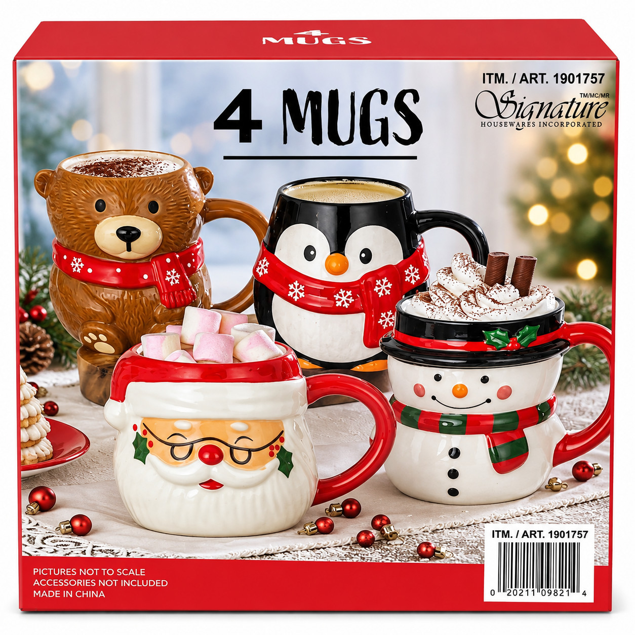 Signature Housewares Figural Christmas 4 Mug Set, Santa, Snowman, Penguin & Bear