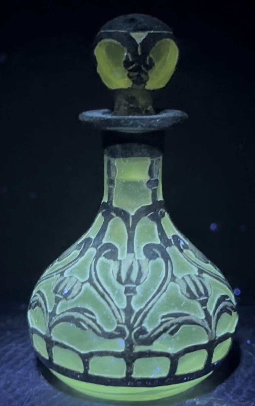 Antique Gorham Sterling Silver Overlay Scent Perfume Glass Bottle D 906 UV Glows
