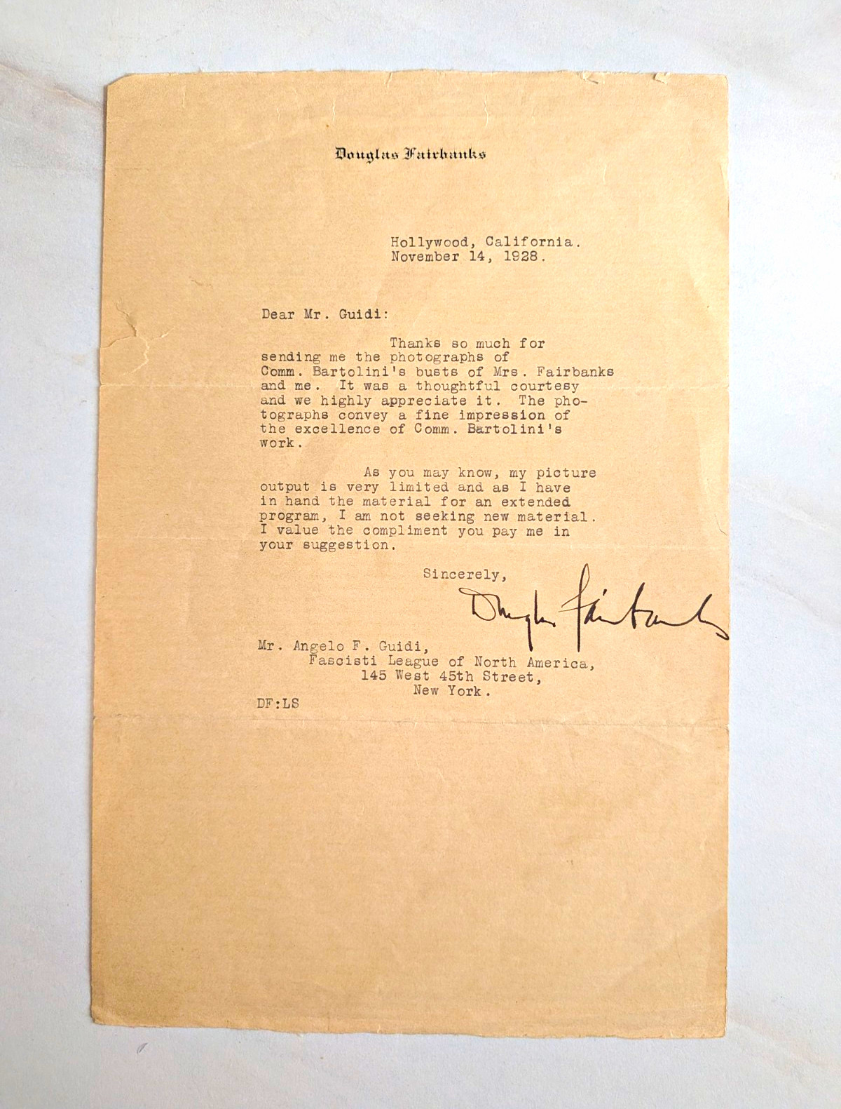Signed 1928 Douglas Fairbanks Letter Angelo Guidi Fascisti League Hollywood