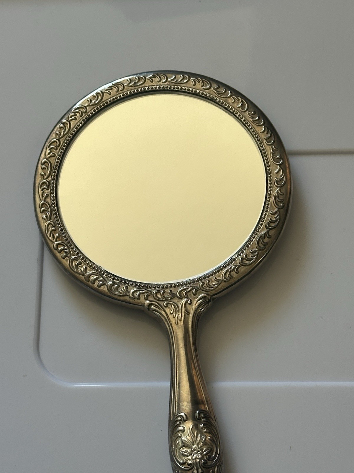 Vtg Silver-Plated 6.25”x 3.5” Victorian Era Hand-Mirror w/Floral Repousse Motifs