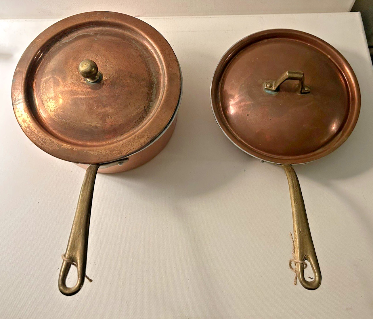 Vintage European Copper Pans RUSTIC lot 2 Pans w/ Lids Brass Handles