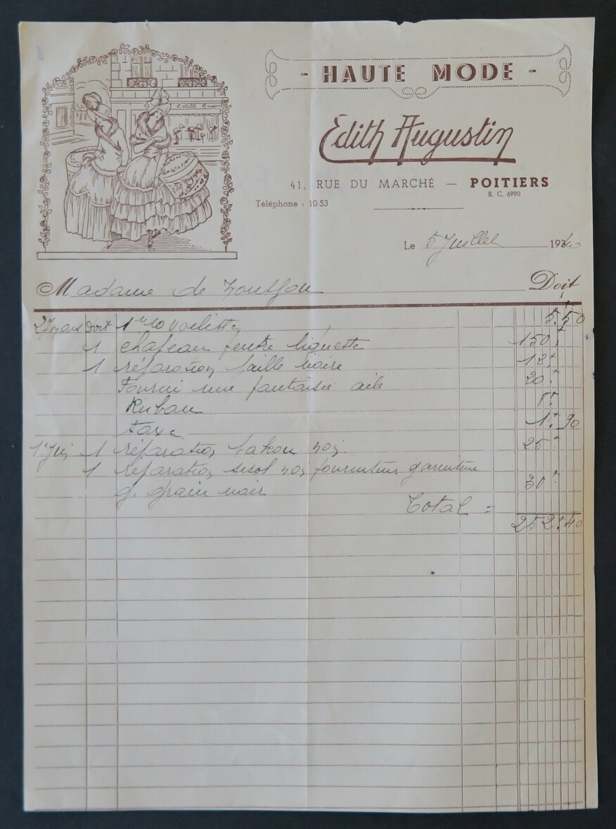 1940 invoice HAUTE MODE EDITH AUGUSTIN POITIERS 86 illustrated header 38 1940 invoice HAUTE MODE EDITH AUGUSTIN POITIERS 86 illustrated header 38