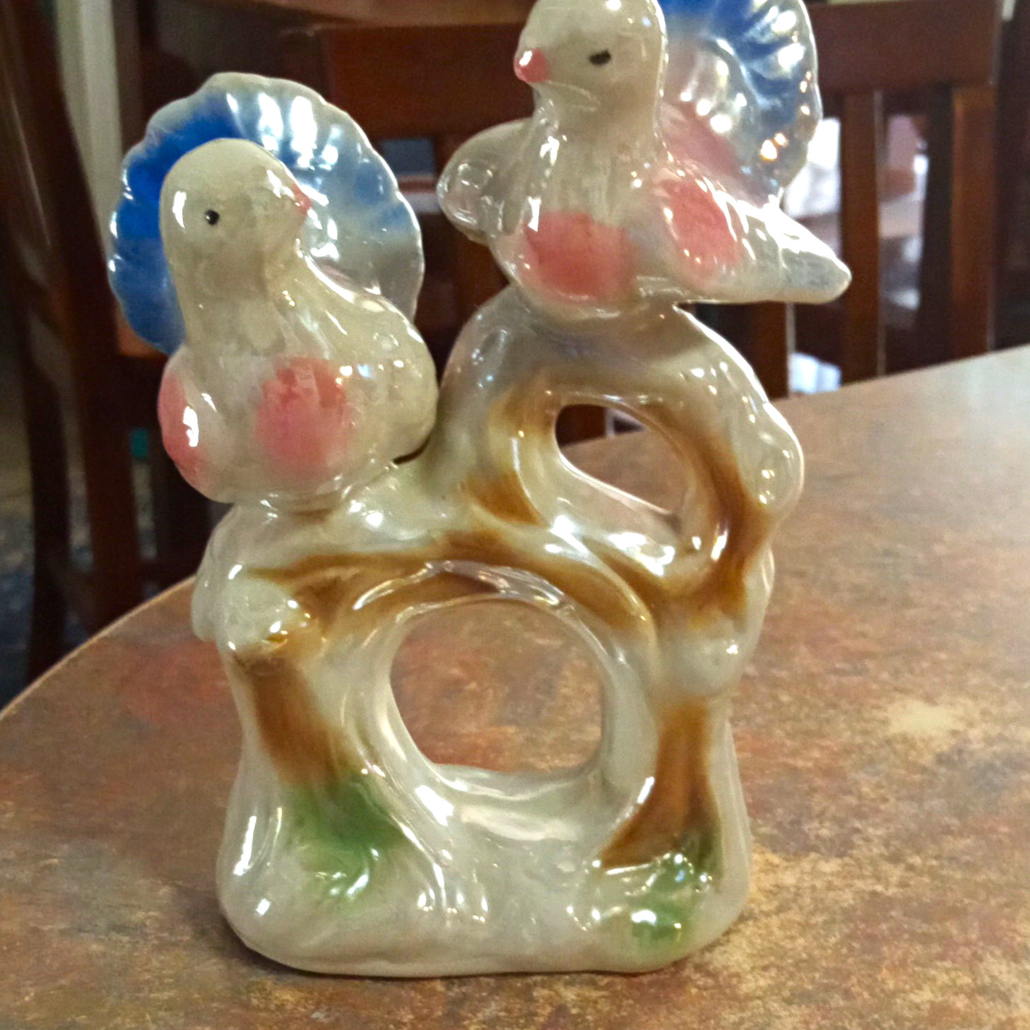 Glazed Lusterware Wild Turkey Figurine Pair on Branch White Blue Pink Accents 3D