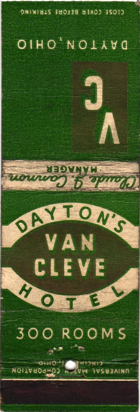 Dayton's Van Cleve Hotel Dayton OH Vintage Matchbook Cover 1950s
