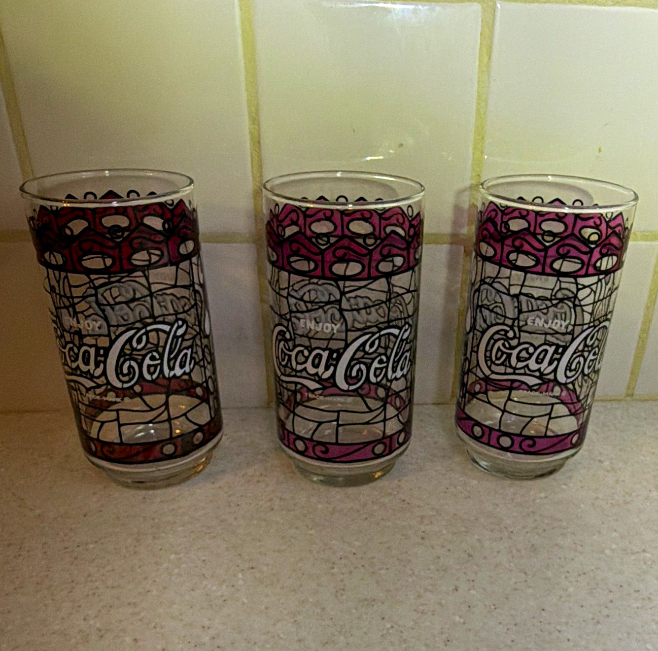Vintage Coca-Cola Clear Drinking Glass Tumblers Lot of 3 Red/Black/White Soda