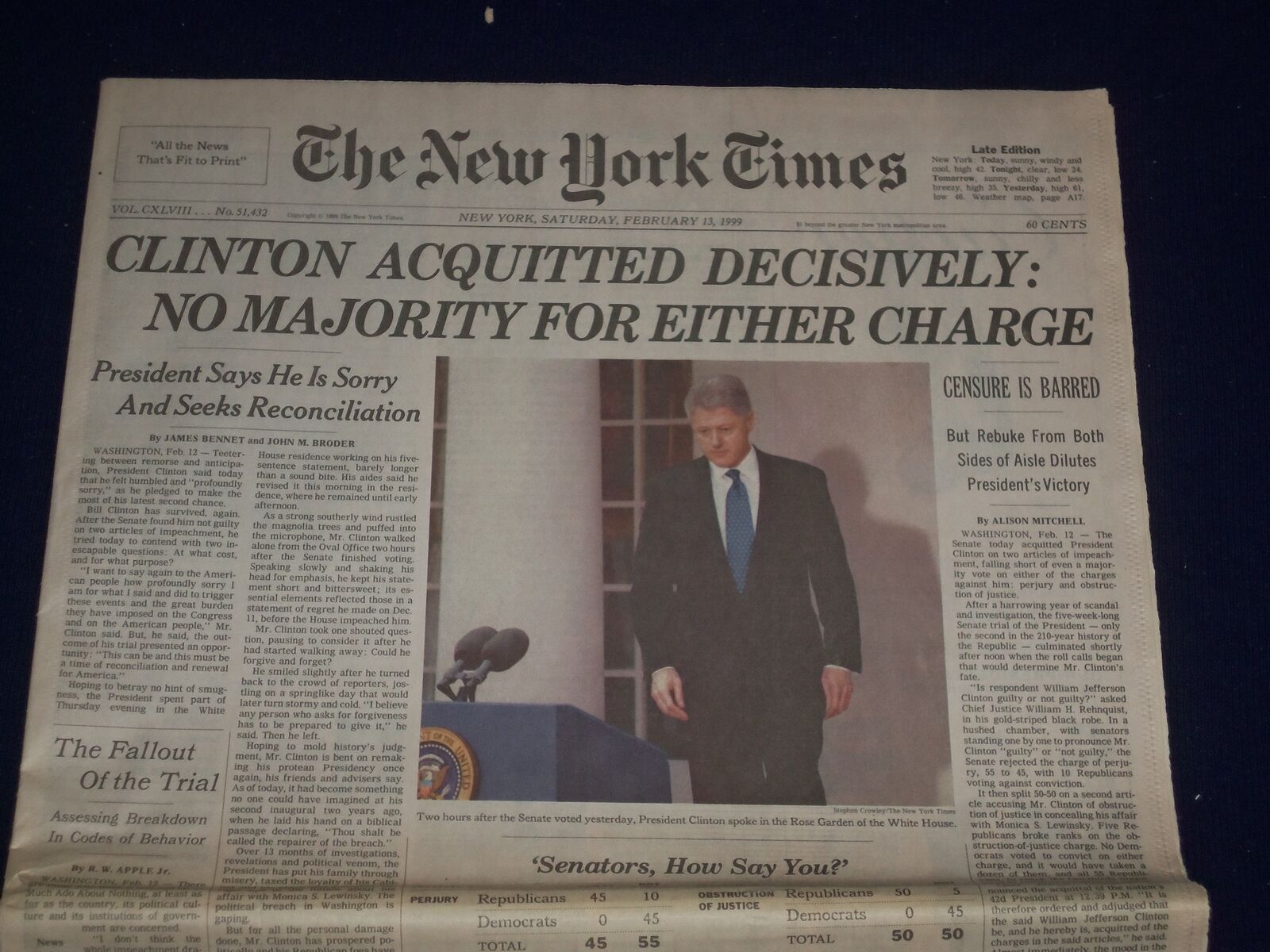 1999 FEB 13 THE NEW YORK TIMES - BILL CLINTON ACQUITTED DECISIVELY - NP 3022